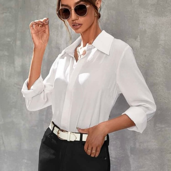 New | White Button Down Collared Shirt w/ Hidden Button | Size Large (8/10) - Picture 1 of 7